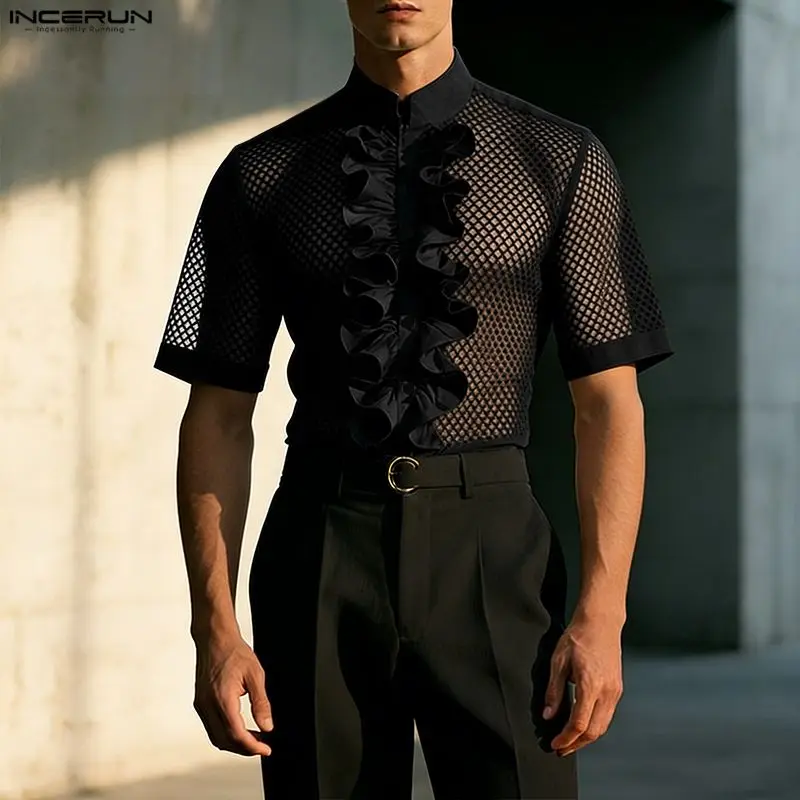 INCERUN Men's Shirt Mesh Patchwork See Through Ruffle Men Clothes Short Sleeve Camisa Fashion Casual Tops Shirts For Man Summer