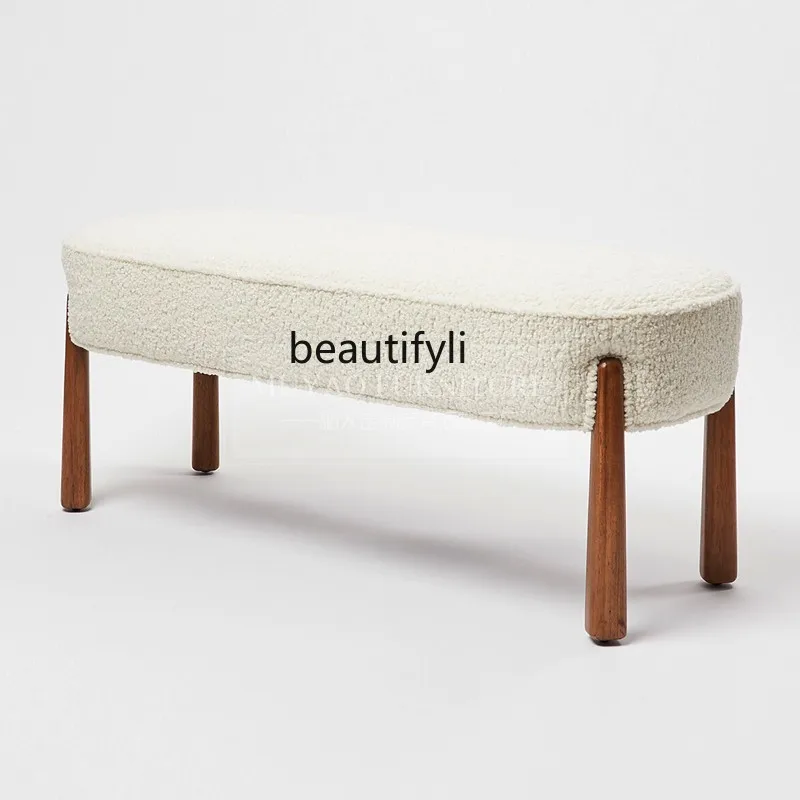 Nordic solid wood shoe changing stool imitation lamb wool sofa stool B & B fabric bedroom bedside stool