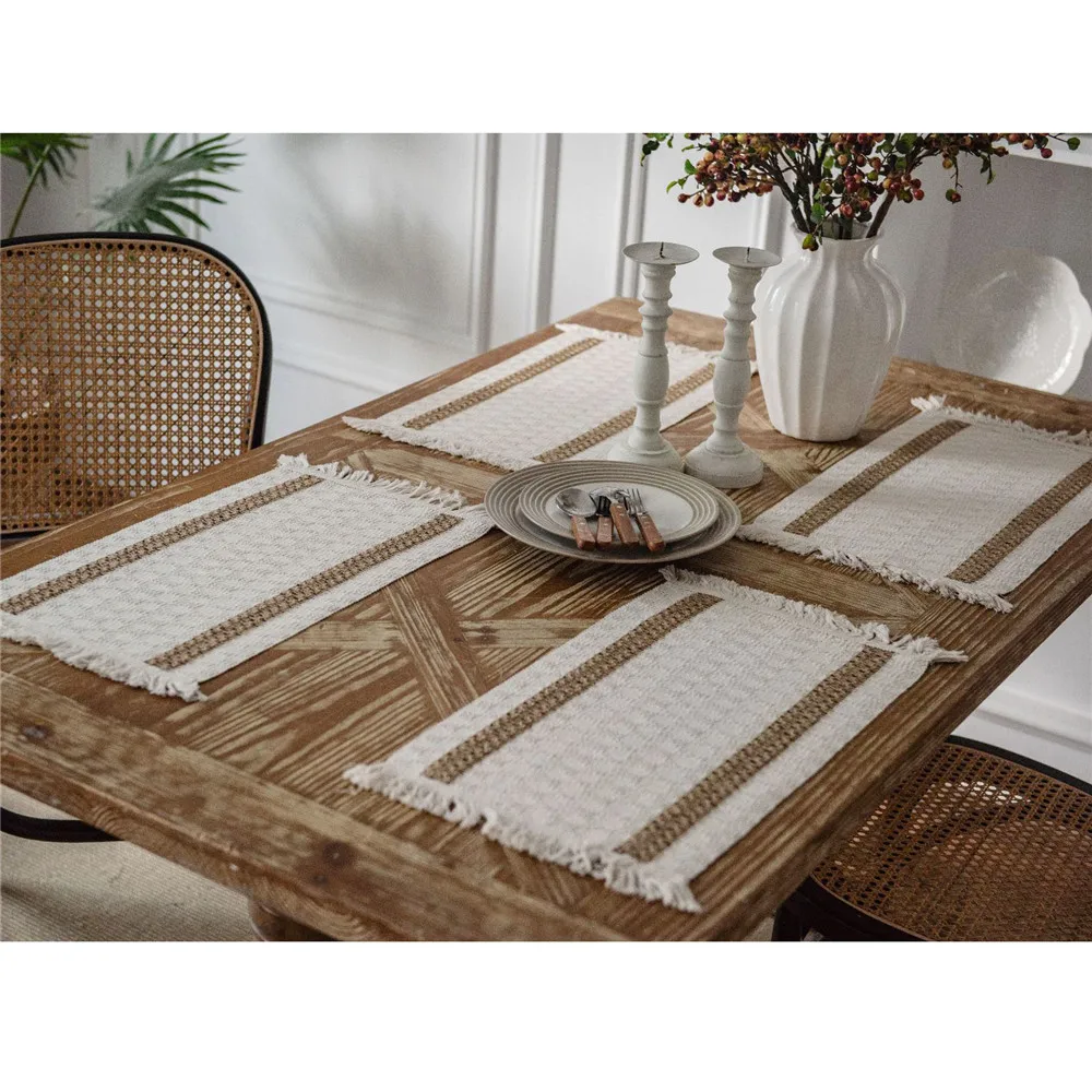 Nordic Woven Hollow Placemat For Dining Table Mat Handmade Jute Retro Cotton Linen Tableware Plates Household Hotel Decorations