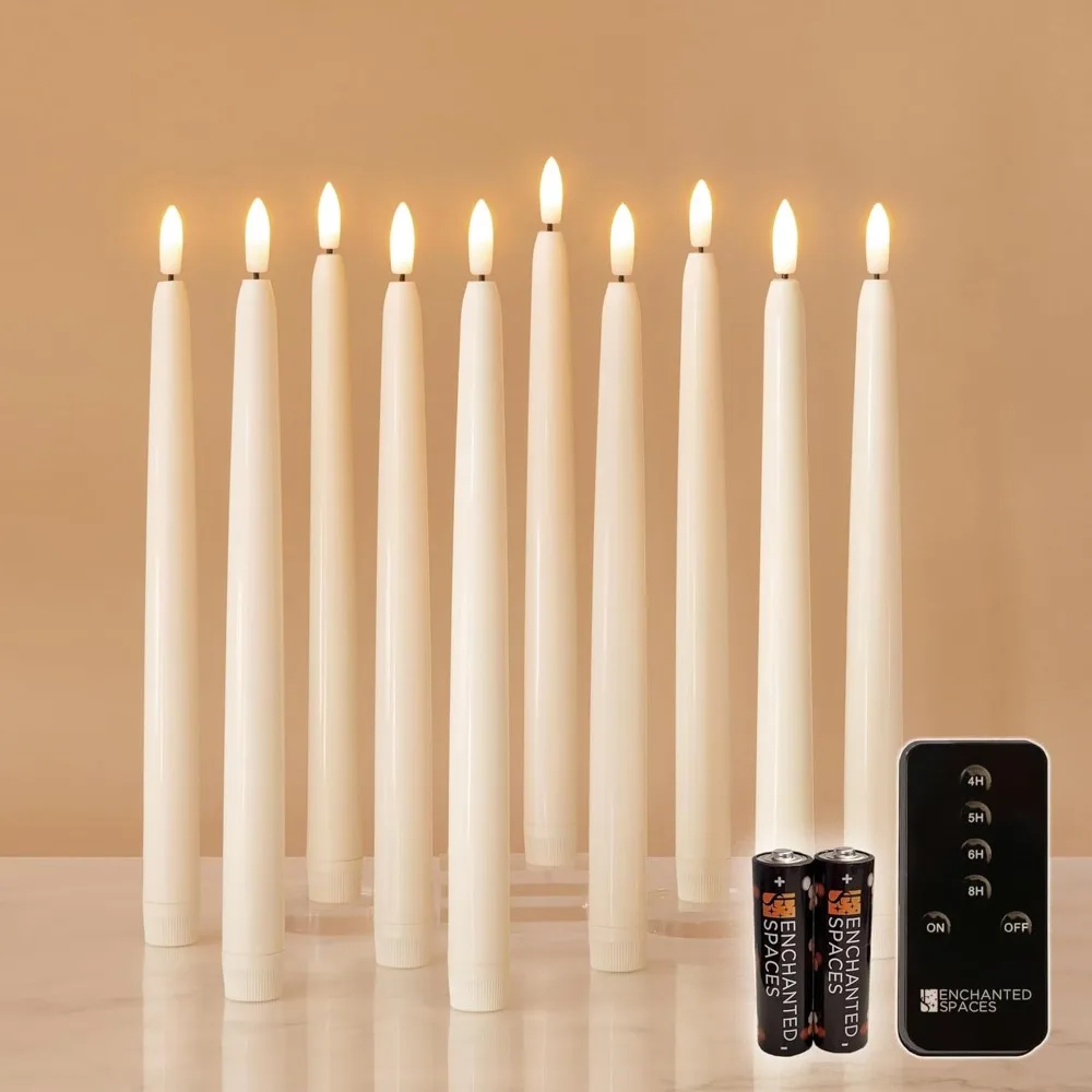 

Flameless LED Ivory Taper Candles, Realistic Black Wick, Daily Timer Remote Control, 20 AA Batteries, Set of 10