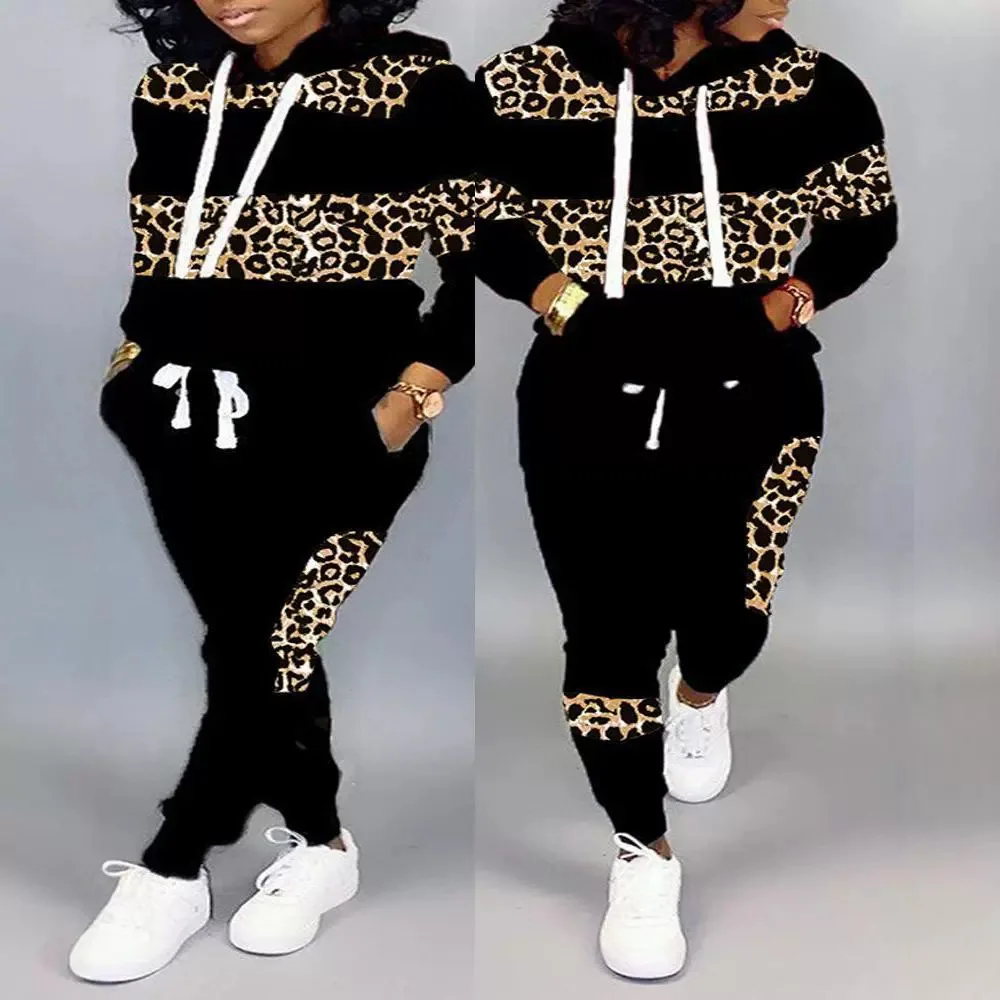 Two Piece Sets Women Pant Set Leopard Print Hoodies Sweatshirts Full Sleeve Tops Long Pants Lace Up Elastic Waist Autumn