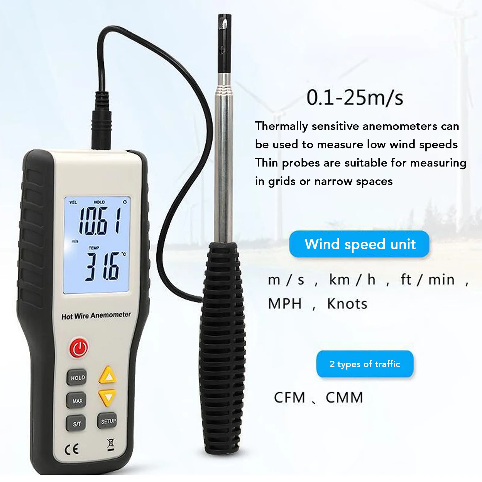 LCD Anemometer Thermal Anemometer LCD Display High Sensitivity Multifunctional Handheld Wind Speed Meter Temperature Meter