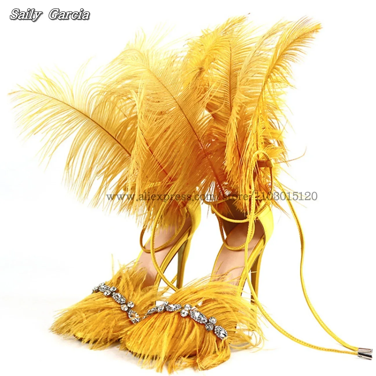 

New Rhinestone Ankle Strap Ultra-High Stiletto High Heels Feather Sandals Fashionable Open-Toed Nightclub Catwalk Women's Shoes