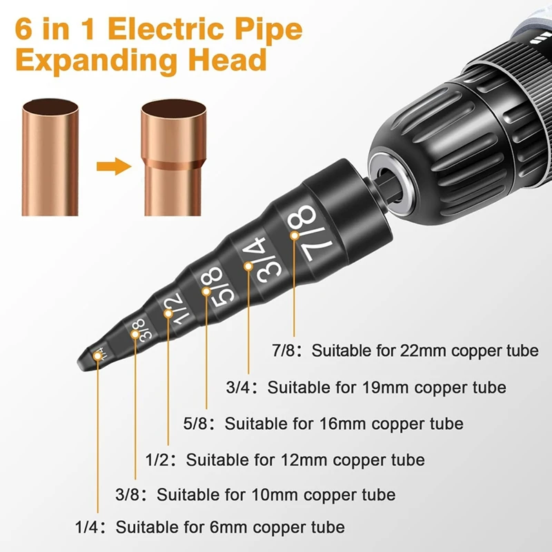 ABKP-6-in-1 Swage Tool HVAC-reparatieset, lucht koperen buis expander stuikgereedschap met 1/4 inch 3/8 inch 1/2 inch 5/8 inch 3/4 inch 7/8 inch bits