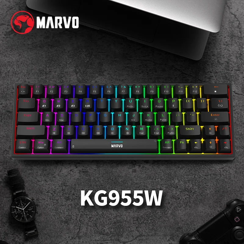 Игровая клавиатура MARVO KG955W Shogo 63 Вт, трехрежимная подсветка RGB, аккумулятор 1200 мАч, горячая замена, 63 клавиши, механические клавиатуры