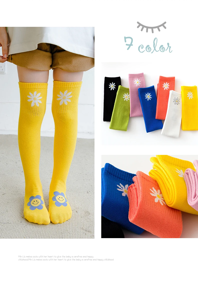 Frühling Baby Mädchen über Knies trümpfe niedlichen großen Lächeln lange Socken Kinder Mode Buchstaben Gänseblümchen Blumen Kind Säugling Mode Socken – Detail 8