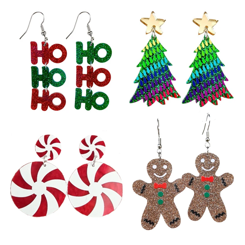 Trendy Rainbow Christmas Tree Earrings For Women Xmas Song HOHOHO Cat Gingerbread Man Candy Acrylic Drop Earring Gift