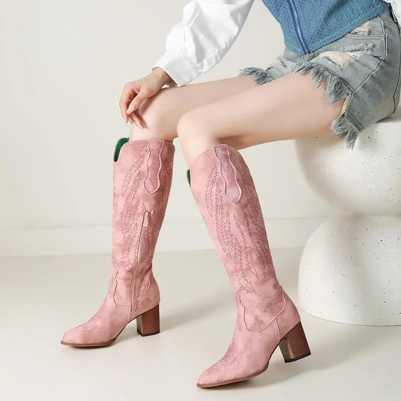 

Embroidered Women's Boots High Heel Side Zipper High Tube Long Boots H647 Faionable Winter Booties Flat Heel EVA Material