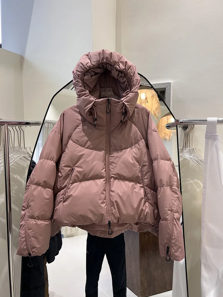 2025 new 90 down jacket sleeve zipper design short style women's hooded fashion loose simple warm white duck down coat