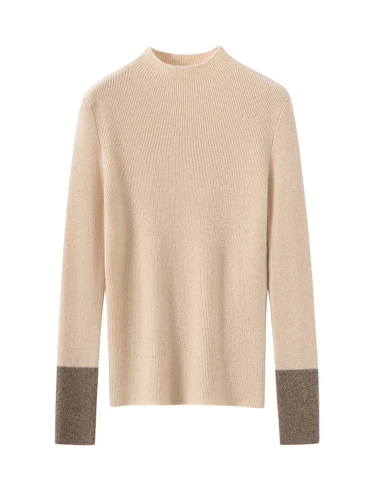 

MEETTCC Autumn Winter 100% Cashmere Slim Pullover Long Sleeve Mock Neck Sweater Color Contrast Daily Grace Top Cashmere Jumpers
