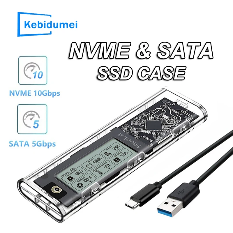 M.2 NVME/NGFF Dual Protocol SSD Enclosure Transparent Hard Drive Case USB3.2 Type C with Intelligent Display SATA SSD Adapter