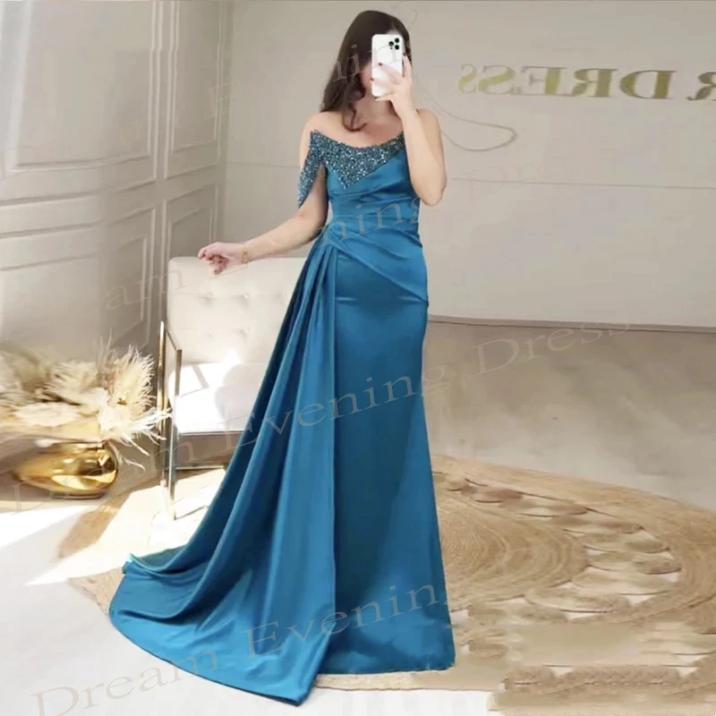 Vintage Modern Blue Satin Evening Dresses Sleeveless Strapless Prom Gowns Beaded Scoop Pleats Elegant Mermaid Vestidos De Fiesta