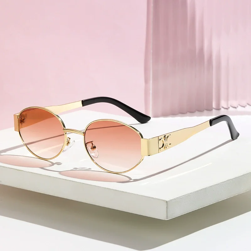 Luxury Designer Brand Sunglasses for Women and Men Oval Metal Frame Unisex Glasses Stylish Glamour Eyewear Retro Gold-Edged Oval