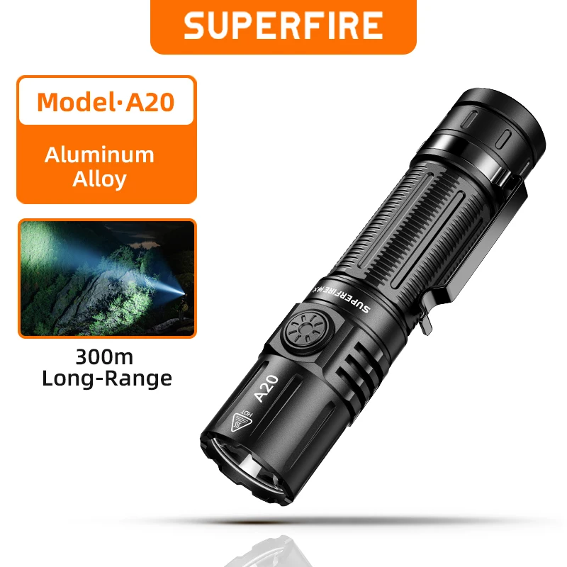 SUPERFIRE A20 Tactical Flashlight 3000LM Powerful LED USB C Rechargeable Torch 21700 with Memory Function, SST40 Outdoor Light