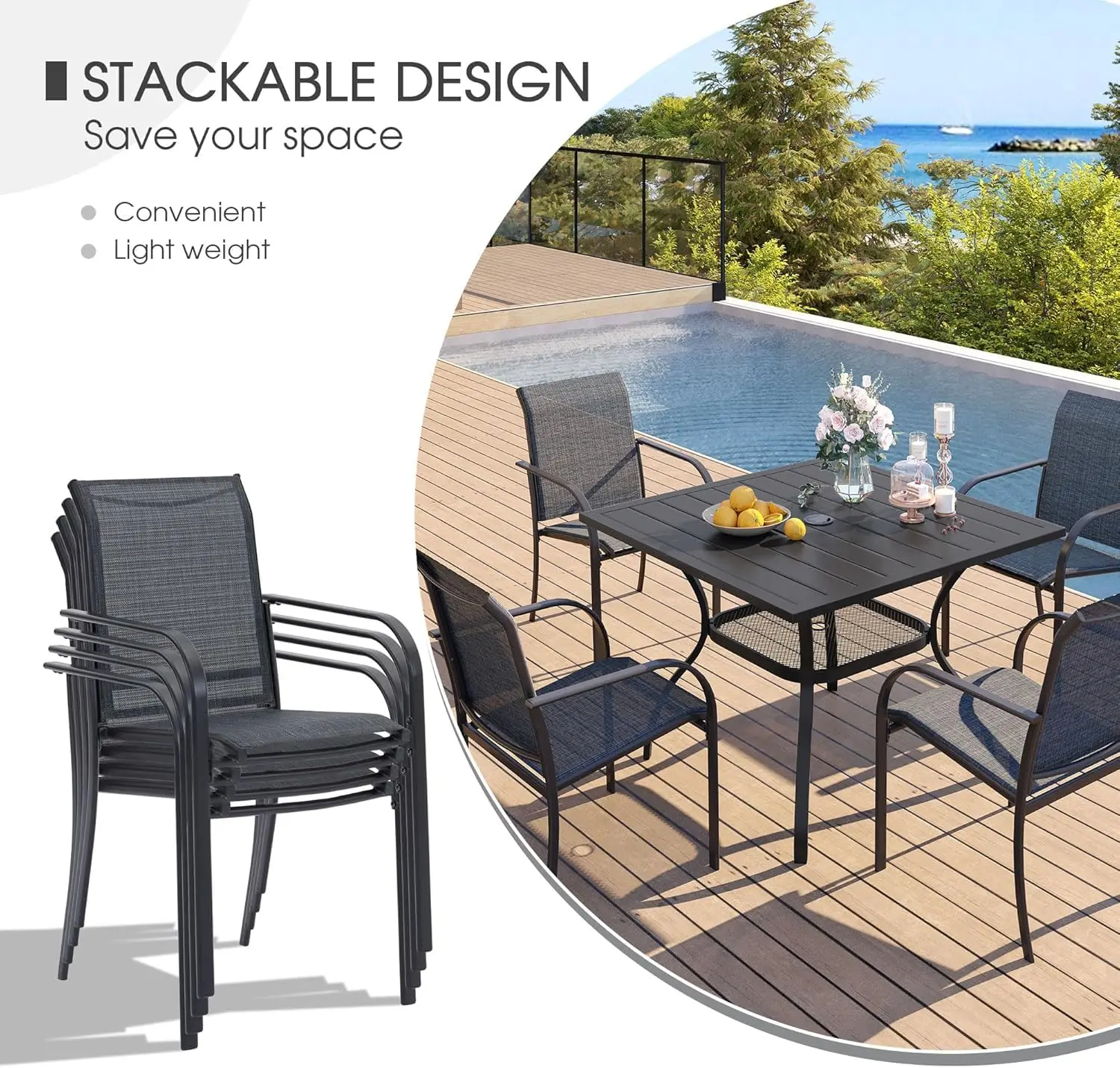 5-Piece Patio Dining Set with Square Table & 4 Stackable Sling Chairs, Outdoor Garden Furniture, Black & Grey, Customized