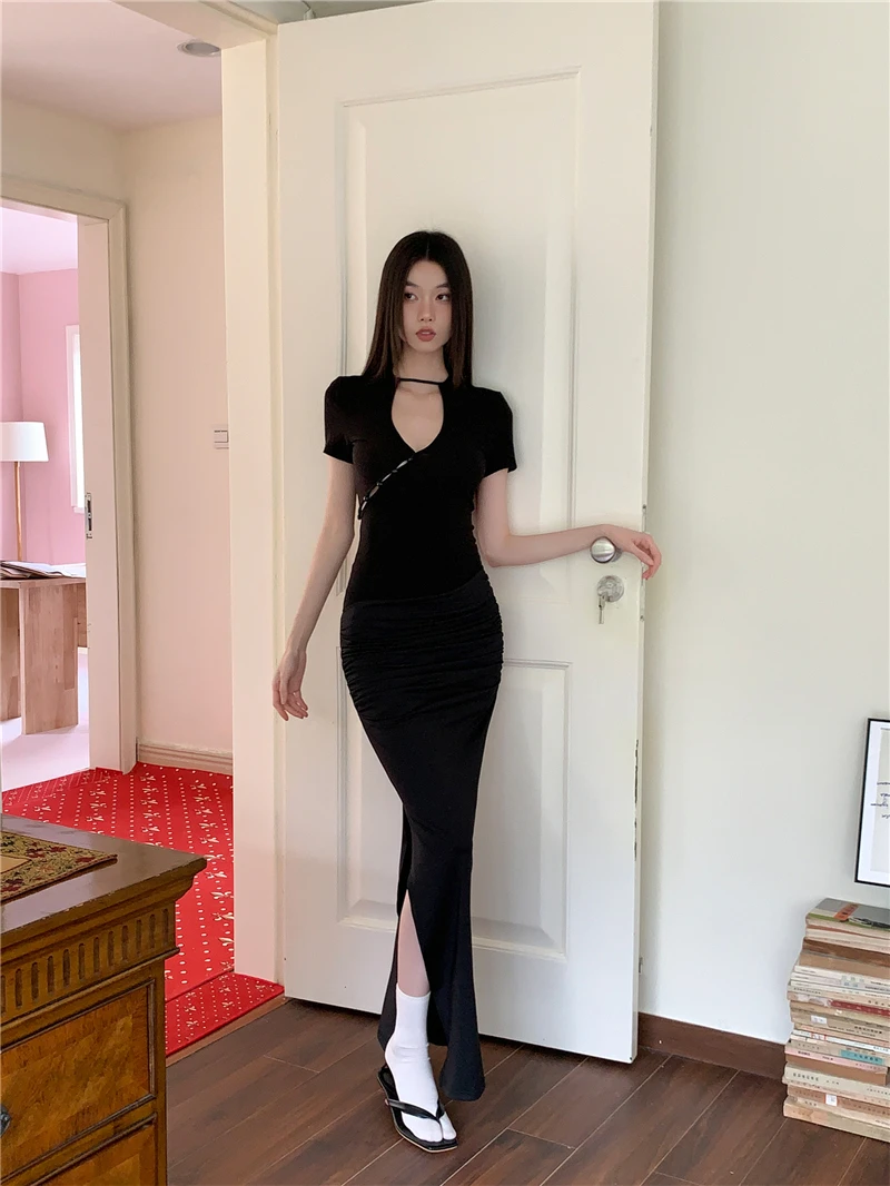 CHEERART Hollow Out Vintage Black Long Bodycon Dress Women Summer 2024 Tunics Knitted Split Modest Maxi Dress Clothes