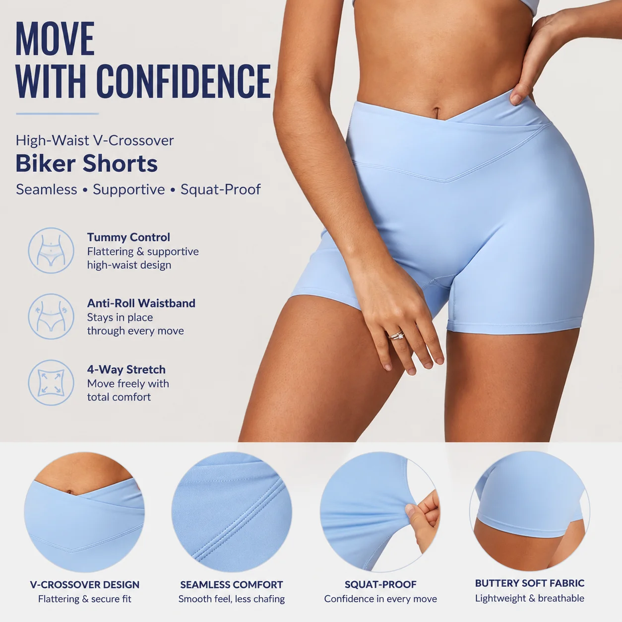 Women's High-Waist V-Crossover Biker Shorts Seamless Tummy Control Yoga Shorts Squat-Proof Workout Bottoms with Anti-Roll Waistb