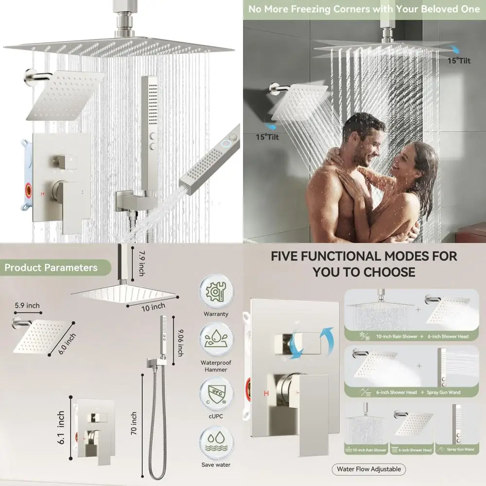 

Brushed Nickel Shower System with Diverter, 2-in-1 Handheld, 10 Ceiling & 6'' Wall Mount Rainfall Shower Set