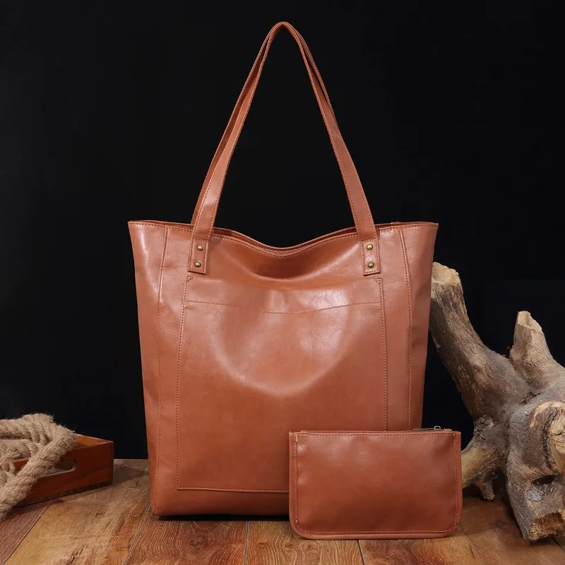 

2025 Vintage Waxed Leather Tote Bag for Women Large Capacity Soft Top-Handle Shoulder Bag with Pockets Luxury Designer Handbag
