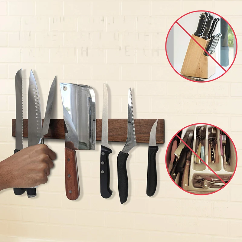 30cm 40cm Wood Magnetic Knife Holder Strip Wall Mount Screw Drill Knife Rack Kitchen Chef Knife Block Organizer Accessories