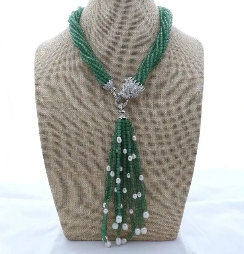 8Strands white freshwater pearl green stone necklace micro inlay zircon accessories leopard head Clasp Tassel pendant