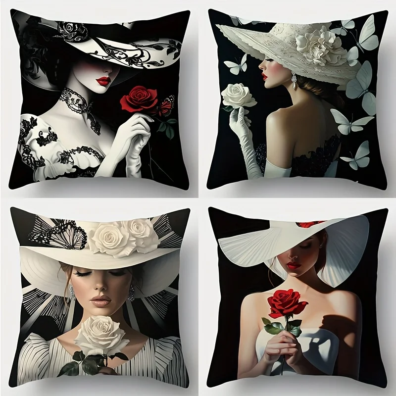 4PCS Printed Pillowcase Set - Lady with White Hat Holding Rose on Black Background, Vintage Charm Design for Daily Gatherings