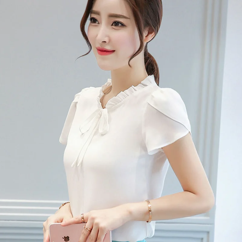 Summer New Elegant Chiffon Plus Size Blouse Short Sleeve Solid Color Simplicity Shirt Tops Office Lady Fashion Women Clothing