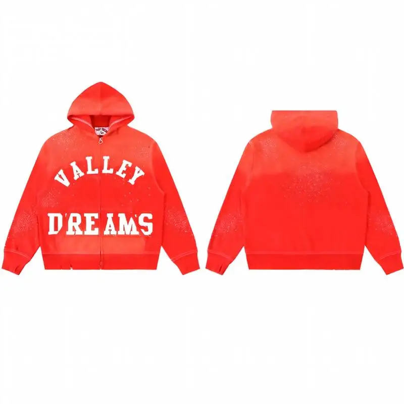 VALE FOREVER Vallery Heavy Embroidered Letter Rhinestone Hooded Zip Up Jacket, American High Street Loose Casual Cardigan