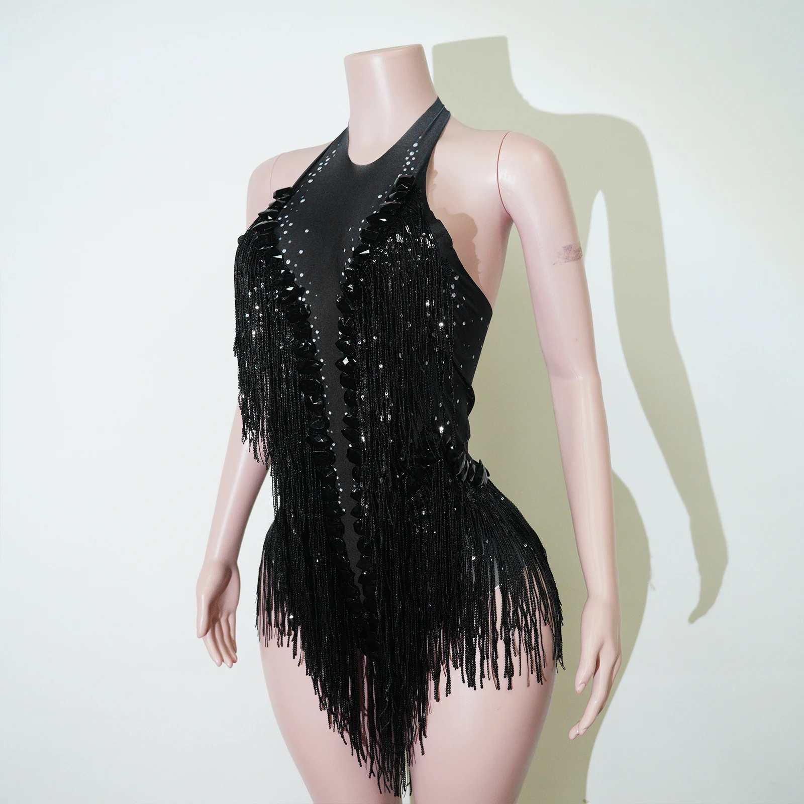 Elegant Sparkly Black Rhinestones Latin Backless Bodysuit Dance Singer Fringes Celebrate Evening Birthday Party Nightclub Stage view 6