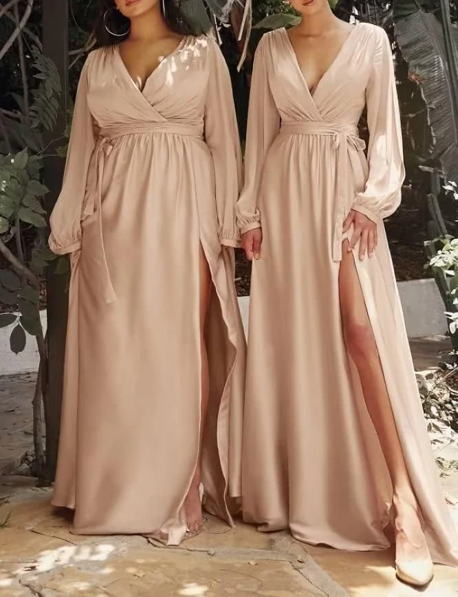 Spersonalizowane sukienki dla druhen z długim rękawem dla kobiet Sexy Cross V Neck Satin Evening Vestidos High End Luxury Glossy Split G