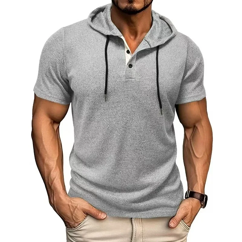 LIBIELIY Summer Men's Hooded Short Sleeve T-Shirts Running Casual Tshirt Solid Henry Collar Sports Hooded Tees Tops Mens Clothin