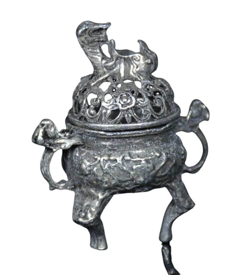 6CMRare Old China Miao Silver Feng Shui Pixiu Beast 3 Feet Incense Burner