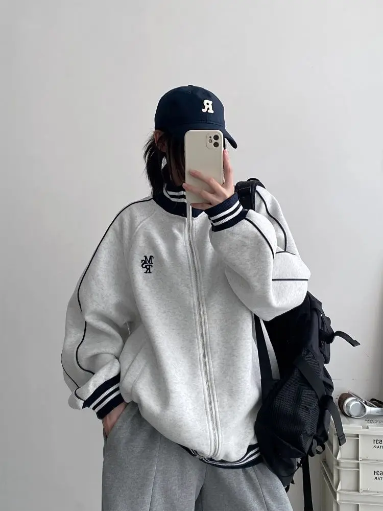 Korea Relaxed Casual Stand-Up Collar Sweatshirt Cardigan Women Spring Autumn New Niche Loose Design Baseball Uniform Top