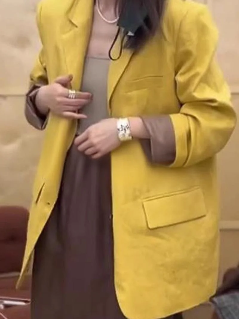 

ROUJE KEFSS Casual Loose Yellow Linen Suit Jacket Elegant Early Autumn Outerwear Women's Regular Length Fashion Style