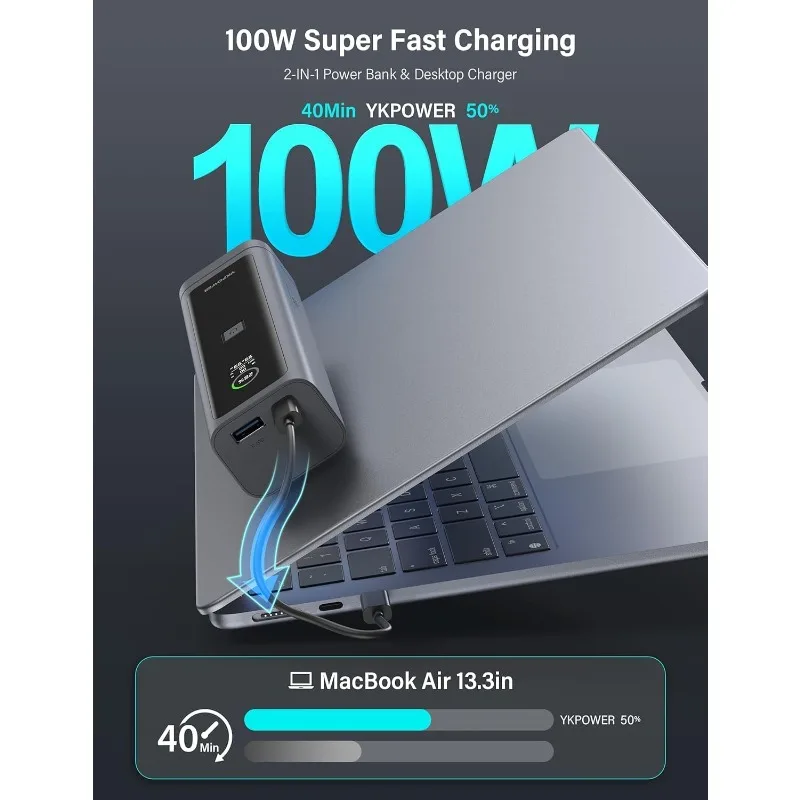 شاحن محمول، باور بانك 100 وات 10000 مللي أمبير في الساعة، حزمة بطارية أساسيات السفر المزدوجة، شحن سريع للكمبيوتر المحمول مع منفذ USB، TFT ذكي