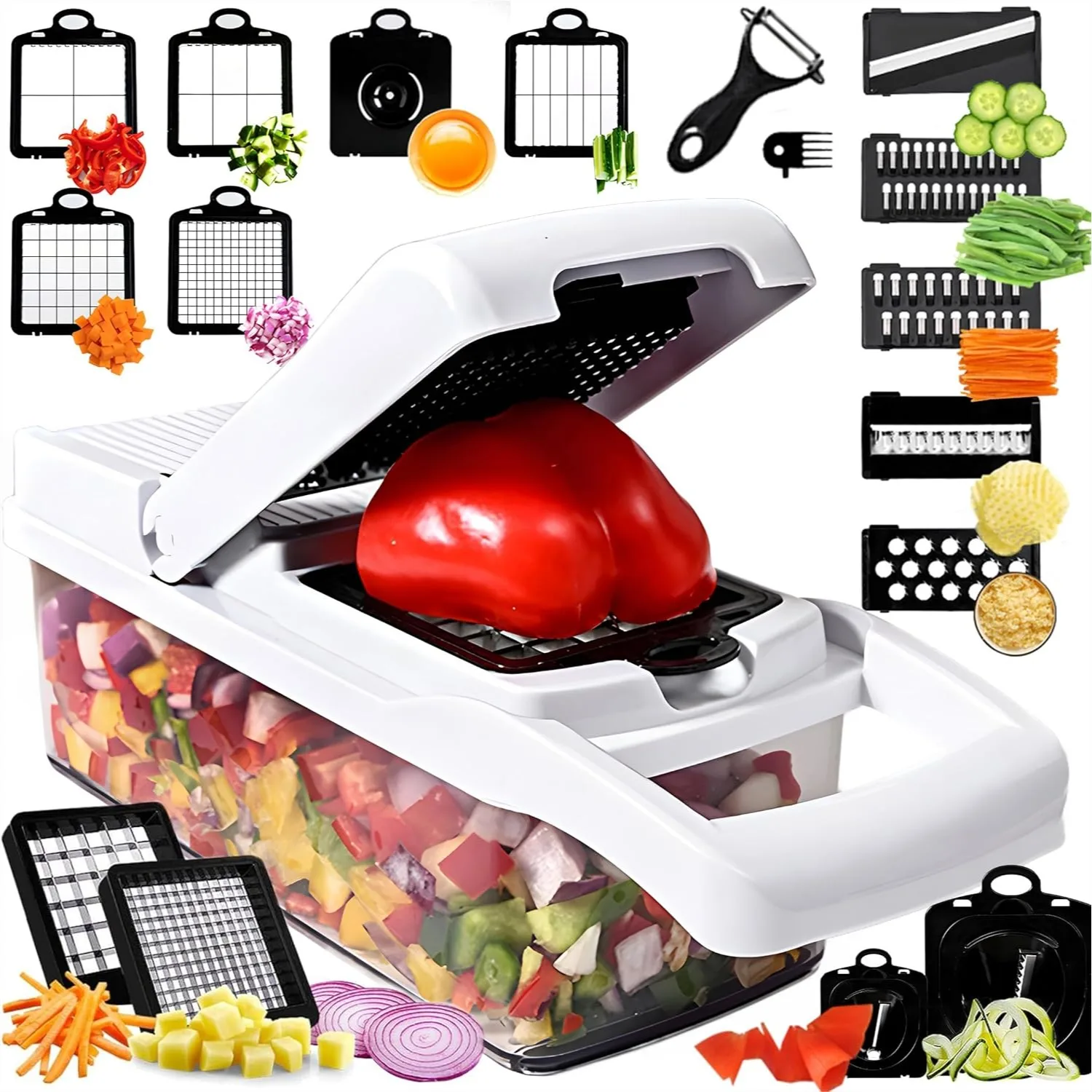 

25-in-1 Vegetable Chopper with 13 Blades, Mandoline Slicer and Cheese Grater for Easy Meal Prep