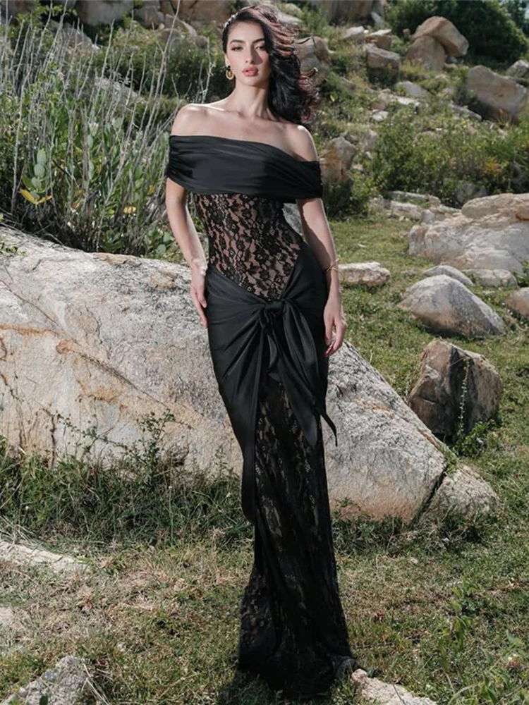 Nibber セクシーなスラッシュネックドレス女性ラップノット背中の開いたパッチワークジャカードリボンシックな休暇パーティー誕生日パーティー Vestidos