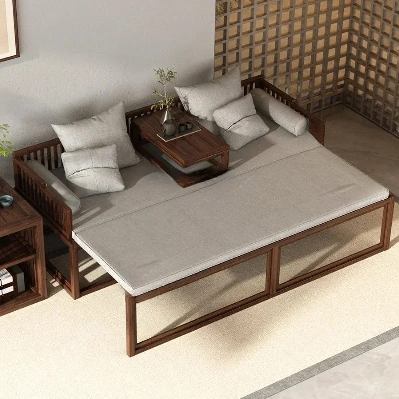 سرير أرهات من الخشب الصلب على الطراز الصيني الجديد، سرير قابل للسحب مع بكرات، أريكة ذات الاستخدام المزدوج، سرير حديث بسيط #1