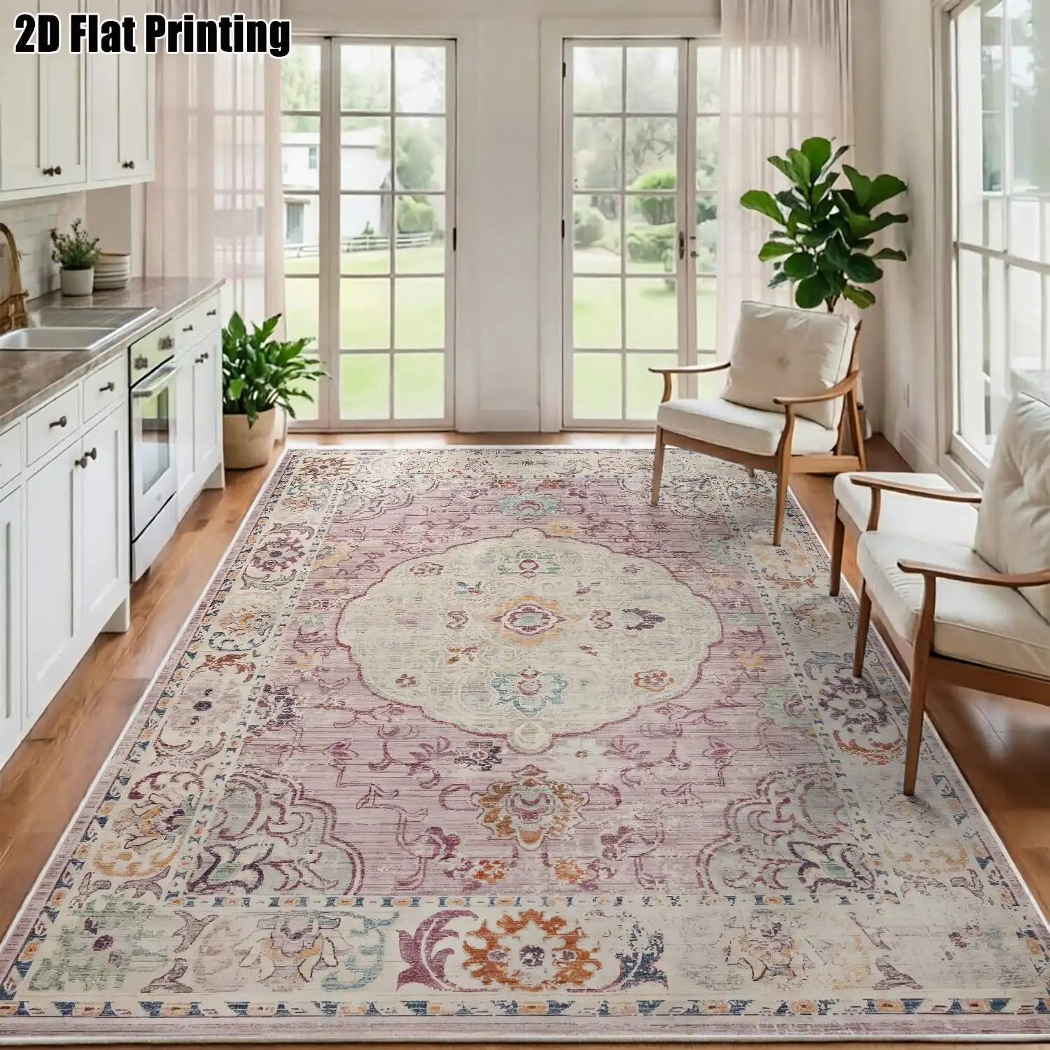 1Pc 2D Printed Pink Floral Retro Velvet Carpet, Bohemian/European Style, Home Decor Floor Mat, Machine Washable, Multi-Size, for Entrance, Dining, Foyer, Bedroom, Living Room