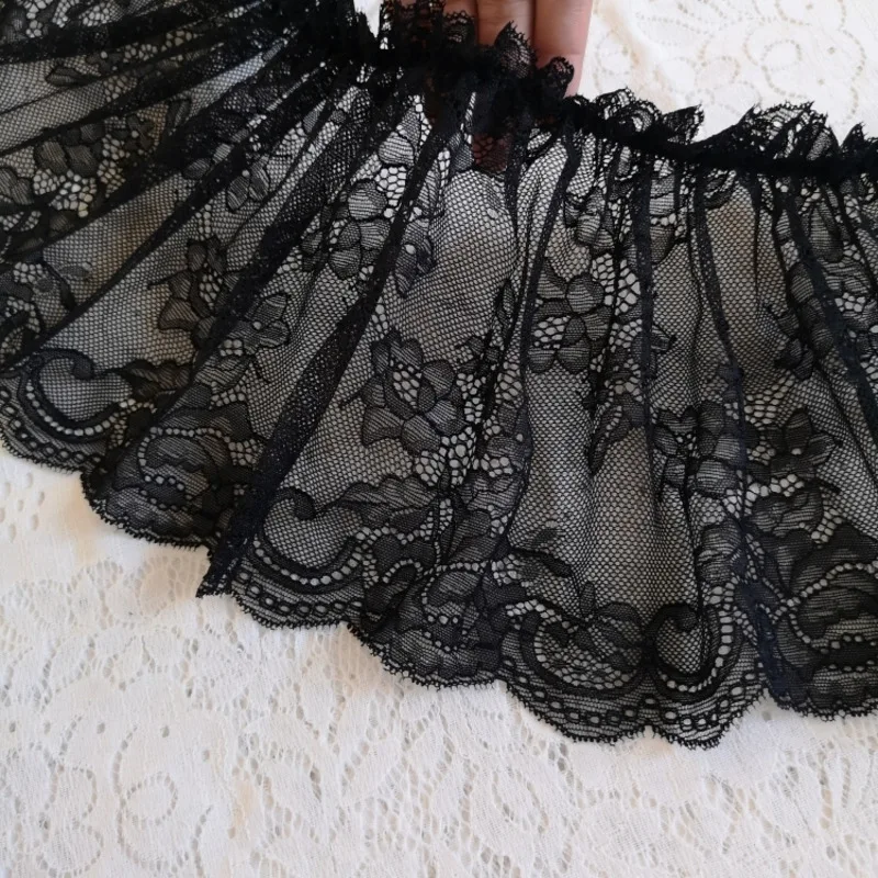 19CM Wide Black 3D Elastic Tulle Lace Fabric Cotton Embroidered Ribbon Ruffle Trim DIY Curtain Garment Tassel Sewing Supplies