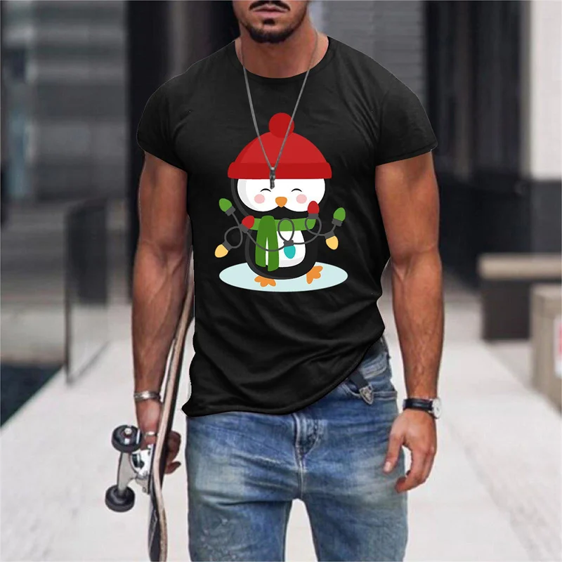 Santa Claus Deer Penguin Pattern T Shirt For Men Christmas 3D Printed Tees Summer Casual Loose T-Shirts O-Neck Short Sleeve Tops