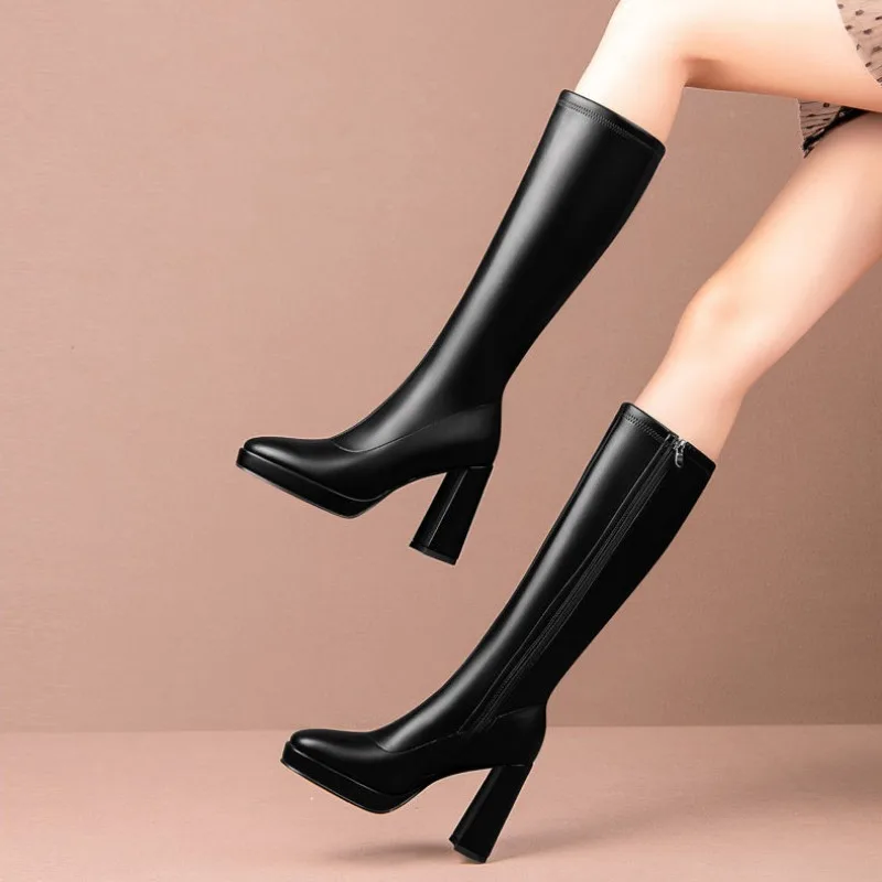 

High heel waterproof platform below the knee thick heel fashion selling new pointed head fashion black joker boots for women