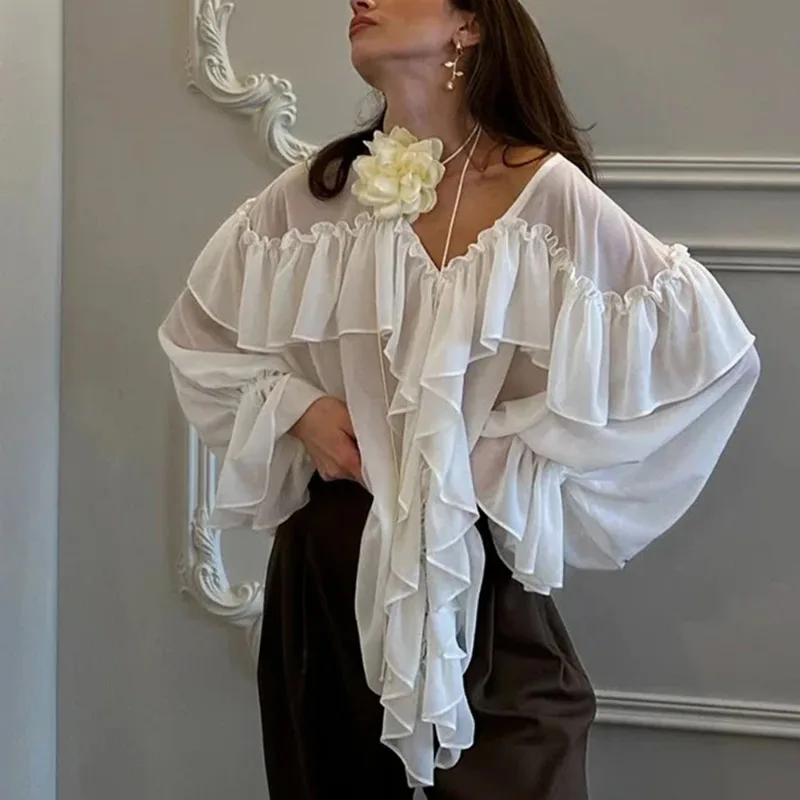 

Talenza White Chiffon Shirt Women's Summer V-Neck Sexy See Through Shirt Beach Blouse Fashion Ruffle Patchwork Female Blouse Top