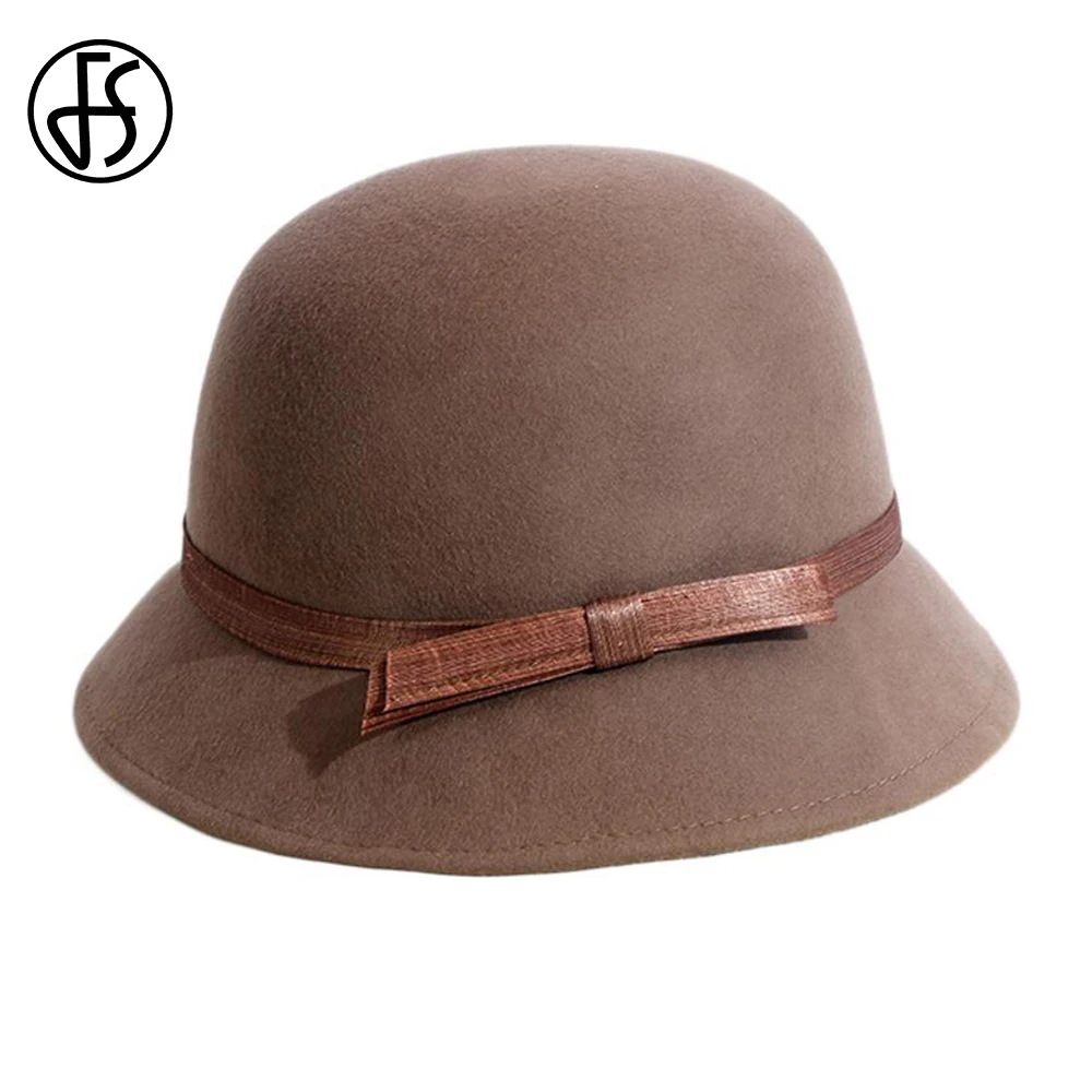 FS Camel Bowler Hat Elegant Outdoor Fisherman Hats For Women Autumn Winter Wool Felt Fedora Lady Fashion Warm Commuter Basin Cap