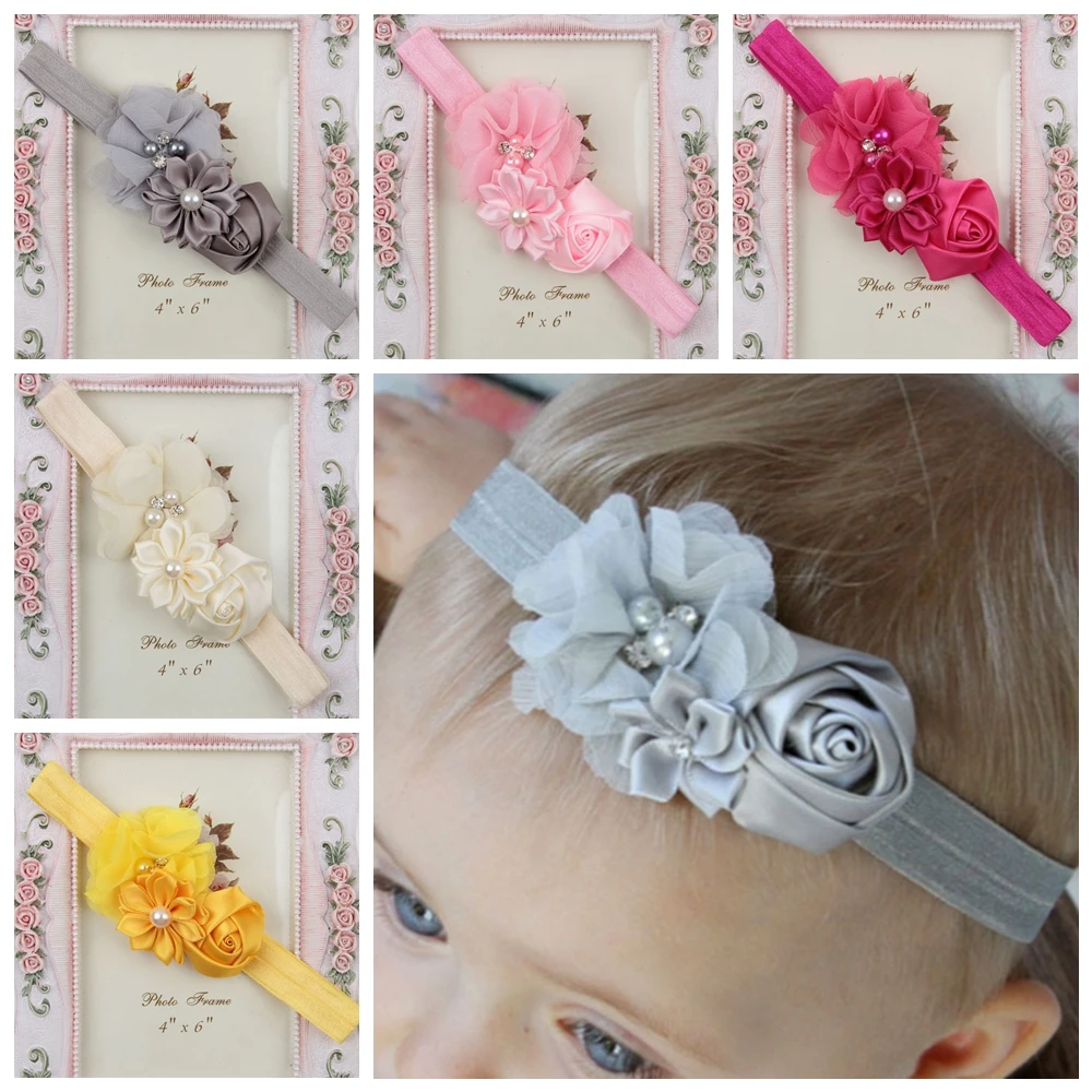 1PCS Handmade Baby Girls Rose Flower Headband Pearl Rhinestone Hairbands Newborn Infant Kids Birthday Gifts Hair Accessories