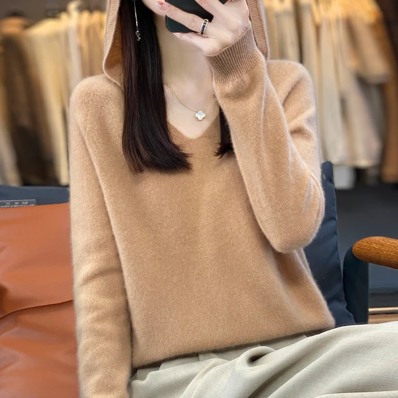 Autumn/Winter New 100% Merino Wool Women's Hooded Sweater Jumper Fashion Warm Sweater Women's Solid Color Solid Knit Soft Top