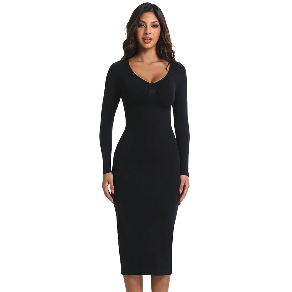 Becirzet Elegantes Damen-Maxikleid, Figurbetont, Langarm, Formende Unterwäsche, Übergröße – Detail 2
