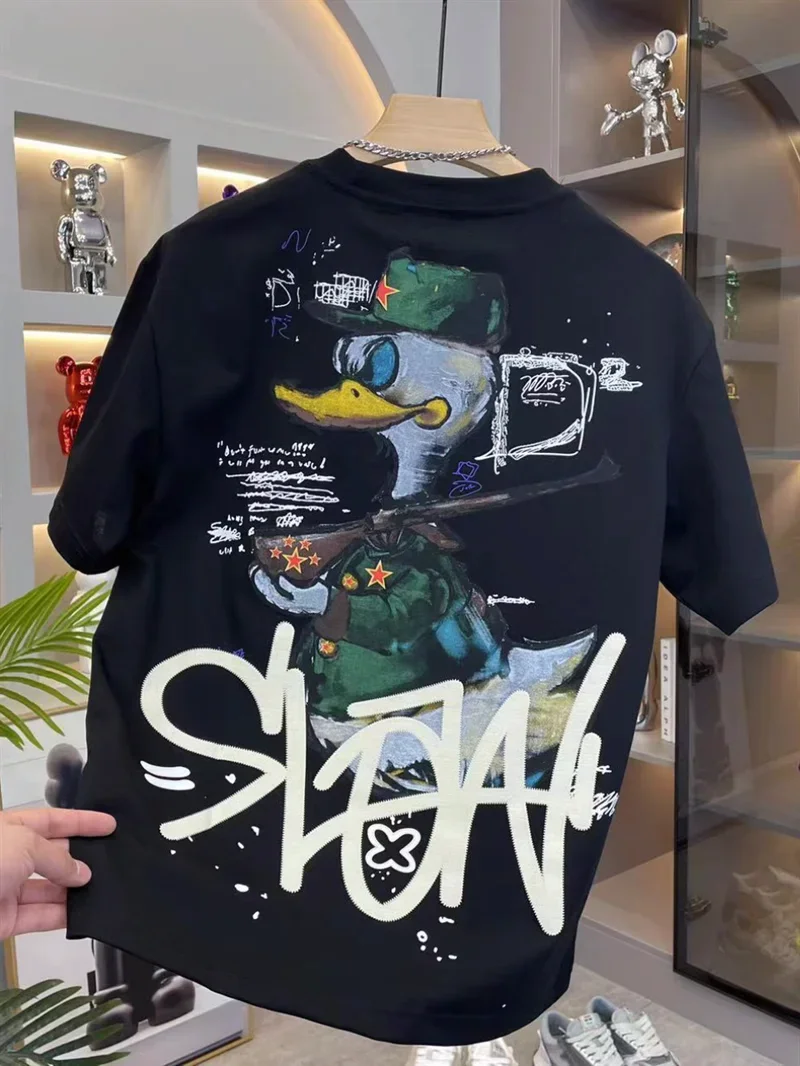 

Summer cartoon duck print casual 100% pure cotton men's trendy short-sleeved T-shirt is fashionable and versatile