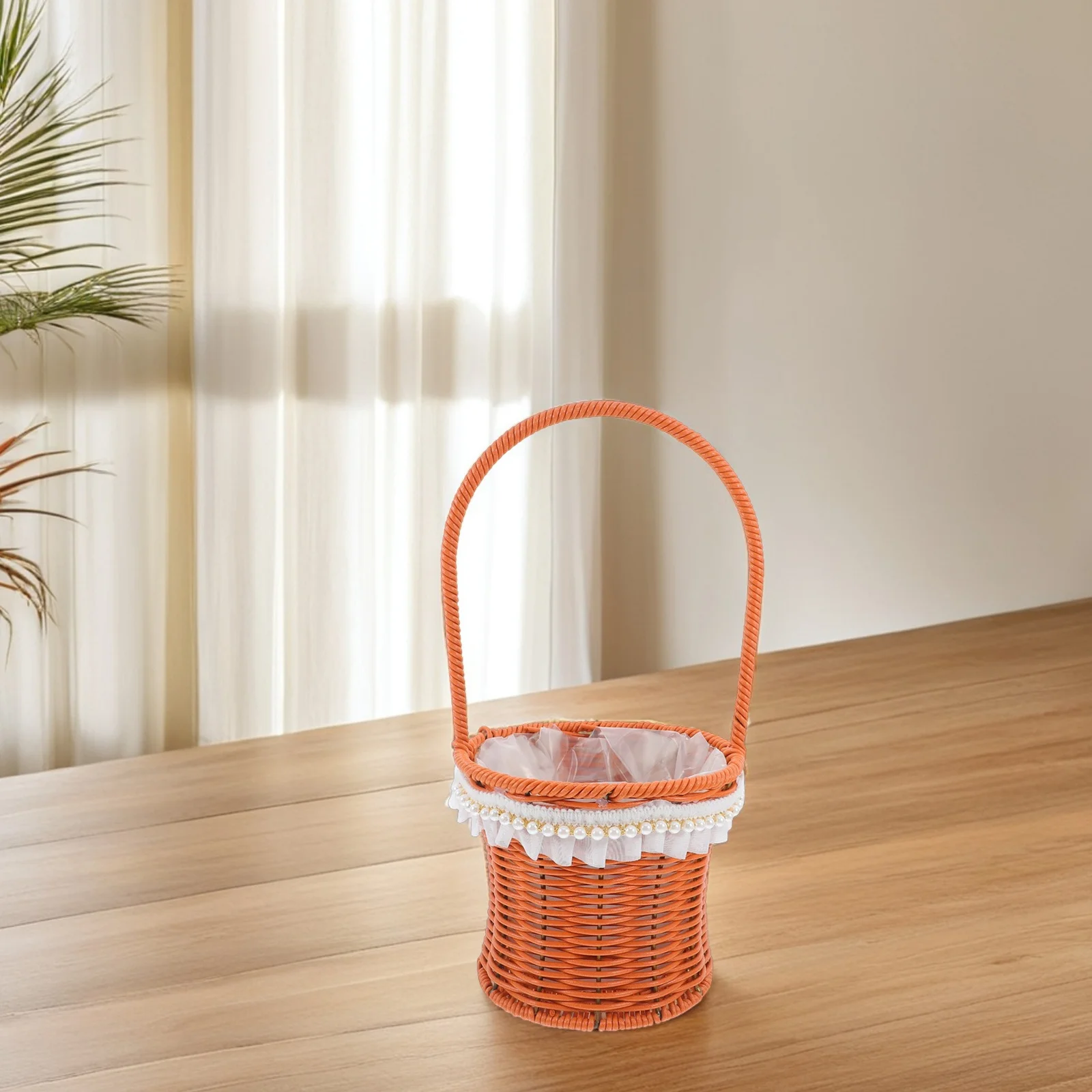 

Handwoven Rattan Flower Basket with Handle Multipurpose Waterproof Storage for Picnic Home Decor Gardening Wedding Plant