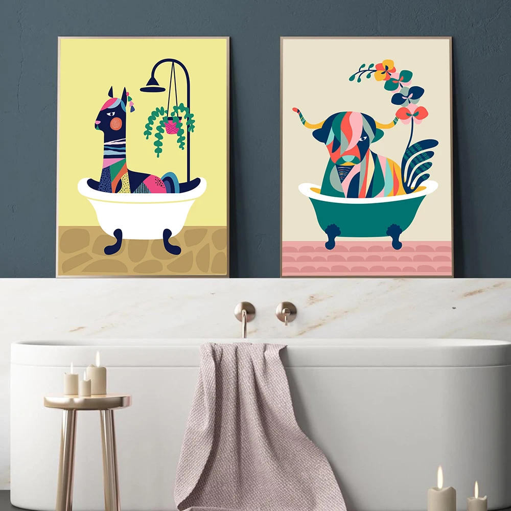 Wild Animals In The Bathtub Poster Camel Cow Duckling Lion Canvas Painting Art Wall Picture Nursery Prints Bathroom Decoration